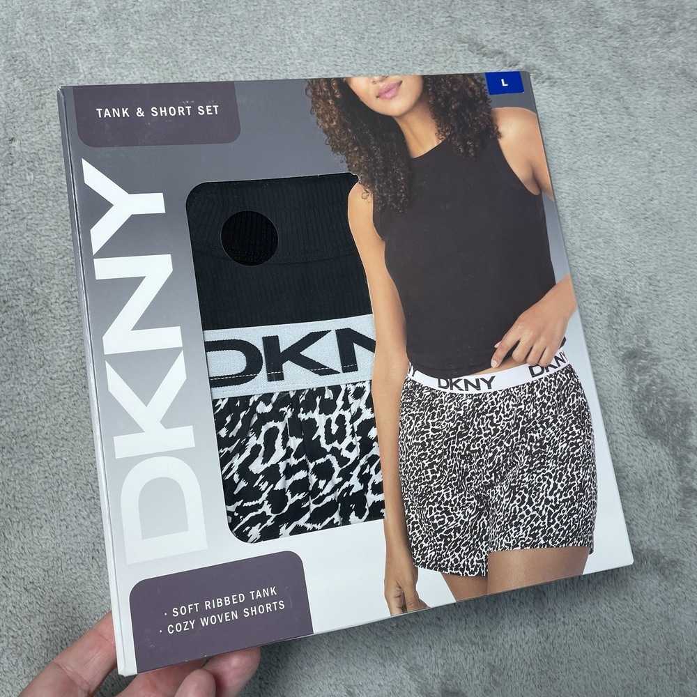 DKNY Women's L Tank & Short Set Black/Animal Print H0157